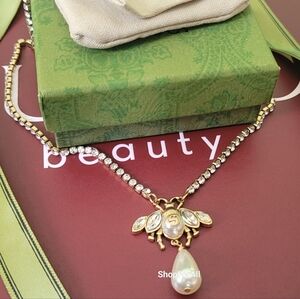 Gucci Bee Necklace with Crystal Chain & Drop Pearl | Fashion